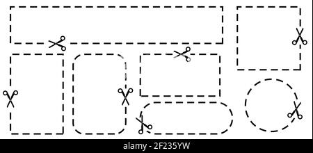 Ensemble de bordure de coupon avec ciseaux de forme différente. Conception plate simple. Illustration vectorielle sur fond blanc. Illustration de Vecteur