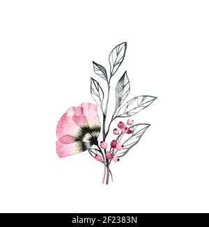 Bouquet d'anémone aquarelle. Fleur rose avec feuilles et baies rouges isolées sur blanc. Décoration florale à l'encre peinte à la main et pétales détaillés Banque D'Images