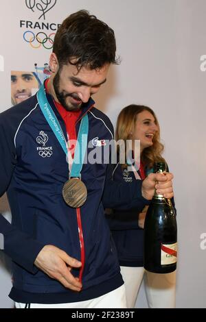 Gabriella Papadakis et Guillaume Cizeron (médaillés d'argent) lors de la fête au champagne des XXIII Jeux Olympiques d'hiver Pyeongchang 2018, le 20 février 2018, au Club France à Pyeongchang, Corée du Sud - photo Philippe Millereau / KMSP / DPPI Banque D'Images