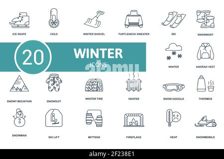 Ensemble d'icônes hiver. Contient des icônes modifiables thème hiver comme le chauffage, la pelle d'hiver, la chaussure d'hiver et plus encore. Illustration de Vecteur