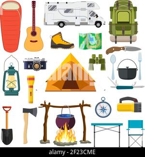Ensemble vectoriel d'éléments de camping. Illustration de Vecteur