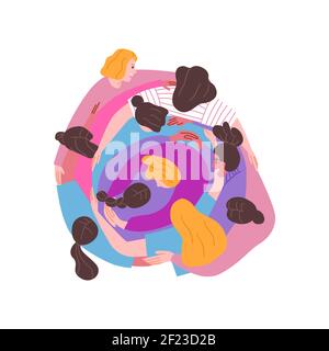 Divers tous les groupes de femmes s'embrassant ensemble sur un fond isolé. Équipe de personnages de femme heureux dans un style moderne de dessin animé plat. fri. Femme United Illustration de Vecteur