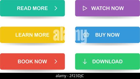 Boutons plats pour site Web. En savoir plus, en savoir plus, réserver, regarder maintenant, Acheter maintenant, Télécharger. Vecteur EPS 10 Illustration de Vecteur