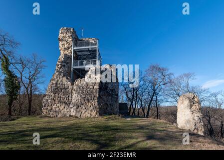 06 mars 2021, Saxe-Anhalt, Stecklenberg: Une plate-forme de visionnement peut être vue sur le Keep occidental du Lauenburg. Le château a été construit au début du XIIe siècle. Il se trouve à quelques kilomètres du Teufelsmauer et est l'un des arrêts du sentier de randonnée de Harzer Wandernadel. Photo: Stephan Schulz/dpa-Zentralbild/ZB Banque D'Images