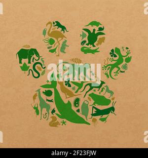 Les formes d'icône d'animal vert définissent l'illustration sur la texture du papier recyclé. Divers animaux sauvages silhouette rendant l'impression de patte pour un concept écologique o Illustration de Vecteur