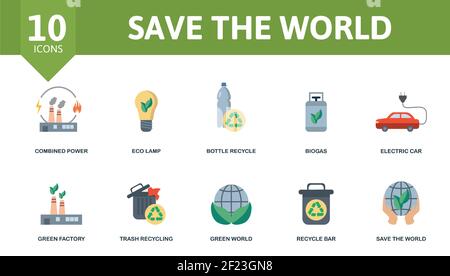 Enregistrez l'ensemble d'icônes monde. Contient des icônes modifiables pour enregistrer le thème du monde tel que la lampe ECO, le biogaz, l'usine verte et plus encore. Illustration de Vecteur