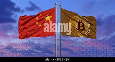 Drapeau de la Chine et drapeau du Bitcoin qui agite sur le ciel bleu (généré numériquement Banque D'Images