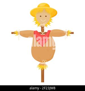 Scarecrow souriant dans le style de dessin animé avec paille, chapeau drôle isolé sur fond blanc. Jardin, décoration rurale. Élément fa sasonal. . Illustration vectorielle Illustration de Vecteur