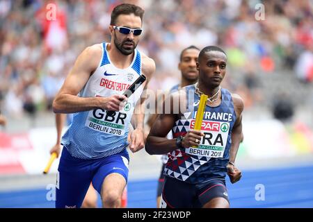 Équipe française comptes en 4x400m hommes pendant les Championnats d'Europe 2018, au Stade Olympique à Berlin, Allemagne, jour 4, le 10 août 2018 - photo Julien Crosnier / KMSP / DPPI Banque D'Images