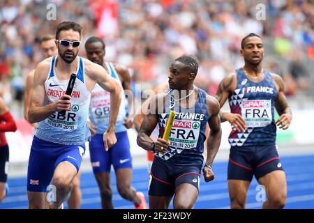 Équipe française comptes en 4x400m hommes pendant les Championnats d'Europe 2018, au Stade Olympique à Berlin, Allemagne, jour 4, le 10 août 2018 - photo Julien Crosnier / KMSP / DPPI Banque D'Images