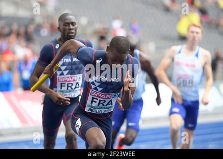 Équipe française comptes en 4x400m hommes pendant les Championnats d'Europe 2018, au Stade Olympique à Berlin, Allemagne, jour 4, le 10 août 2018 - photo Julien Crosnier / KMSP / DPPI Banque D'Images