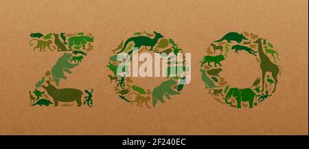 Les formes d'icône d'animal vert définissent l'illustration sur la texture du papier recyclé. Divers animaux sauvages silhouette rendant le texte du zoo citation signe forme pour écologique Illustration de Vecteur