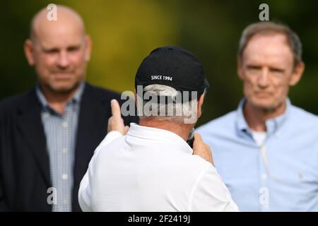 Franck Riboud, Jean-Claude Killy et Thomas Bjorn lors du dernier tour du championnat LPGA Evian 2018, jour 7, au club de golf Evian Resort, à Evian-les-bains, en France, le 16 septembre 2018, Photo Philippe Millereau / KMSP / DPPI Banque D'Images