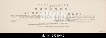 Feuille de texte à l'impression avec allégorie et calligraphie sur la paix d'Amiens, 1802; Déclaration du monument de la paix générale.Fiche de texte avec la déclaration de l'impression de l'imprimé avec l'allégorie sur la paix en deux colonnes à Amiens le 27 mars 1802, entre la République Batavienne et la France et la Grande-Bretagne. Banque D'Images