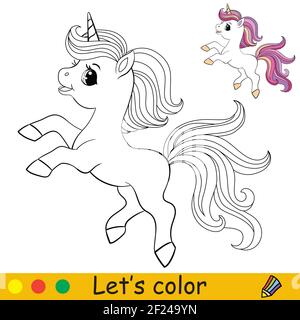 licorne mignon avec longue robe violette. Page de livre de coloriage avec modèle coloré. Illustration de dessin animé vectoriel isolée sur fond blanc. Pour colorier Illustration de Vecteur