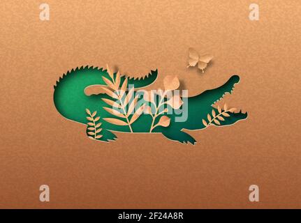 Silhouette de coupe de papier isolée d'animal crocodile vert avec feuille de plante tropicale à l'intérieur. Découpe alligator de texture de papier recyclé. Conservation de la faune, j Illustration de Vecteur