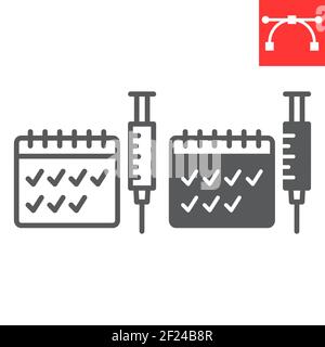 Ligne de vaccination saisonnière et icône de glyphe, vaccin et injection, seringue avec icône de vecteur de calendrier, graphiques de vecteur, signe de contour modifiable d'AVC, eps Illustration de Vecteur