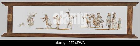 Elf figuren buiten.plaque de verre dans un support en bois. Panorama de onze figures en plein air. De gauche à droite : un chien, deux femmes, deux hommes qui tentent de prendre un mouchoir arrosoir, un homme avec un bâton dans sa main gauche, une femme, un homme qui s'appuie sur un bâton et un homme et deux femmes. Banque D'Images