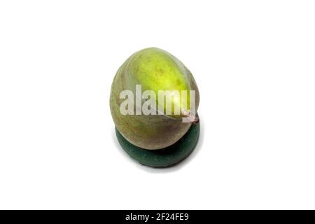 pear conference sur un stand rond, isolé sur fond blanc. demi-vert, avec des taches gris-marron, demi-pelage est rugueux. vue de dessus Banque D'Images