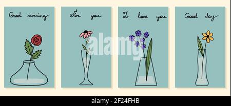 Ensemble de quatre mini cartes postales dessinées à la main, vases avec modèle de motif de fleurs. Illustration vectorielle plate de dessin animé. Illustration de Vecteur