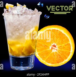 Verre à cocktail avec tranches de fruits orange et glace. Illustration de Vecteur