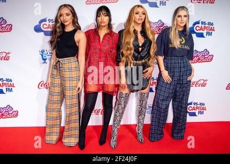 Londres, Royaume-Uni. 9 décembre 2018. Jade Thurlow, Leigh Anne Pinnock, Jesy Nelson, Perrie Edwards de Little Mix pendant la deuxième journée du Jingle Bell ball 2018 de Capital avec Coca-Cola à l'O2 Arena, Londres Banque D'Images