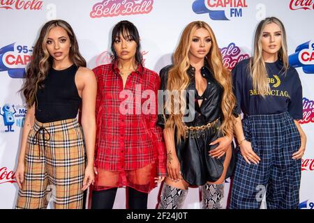 Londres, Royaume-Uni. 9 décembre 2018. Jade Thurlow, Leigh Anne Pinnock, Jesy Nelson, Perrie Edwards de Little Mix pendant la deuxième journée du Jingle Bell ball 2018 de Capital avec Coca-Cola à l'O2 Arena, Londres Banque D'Images