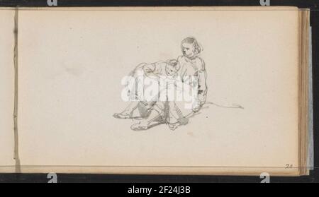 Zittende vrouw met Kind.il y a une femme sur le terrain. Un enfant penche sur sa jambe droite. Feuille 20 d'un carnet de croquis avec 44 feuilles. Banque D'Images