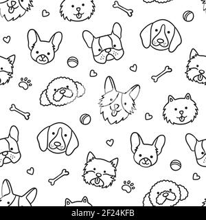 Motif sans couture avec têtes de chiens de différentes races. Corgi, Beagle, Chihuahua, Terrier, Pomeranien Illustration de Vecteur