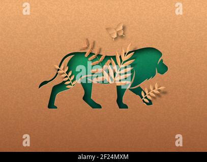 Silhouette de feuille de papier isolée d'animal lion vert avec feuille de plante tropicale à l'intérieur. Concept de découpe de texture de papier recyclé pour l'afrique safari, grand chat sauvage Illustration de Vecteur