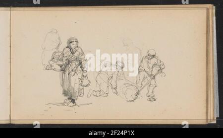 Figuren in verschillende houdingen.Figures dans différentes postures. Sur la gauche une femme avec un panier. Sur la droite hommes. Feuille 31 d'un carnet de croquis avec 44 feuilles. Banque D'Images