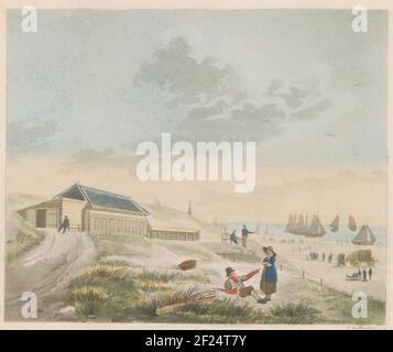 Plage à Scheveningen, Californie. 1825 ; Loisir de la plage et des dunes de Scheveningen et présentation du Badhuis van den Heer Pronk / vue du Rivage et des Dunes un Scheveninge et représentation des bains appartement à mons.r Pronk.vue sur les dunes et la plage à Scheveningen et le Bath House de M. Pronk, env. 1825. Partie d'une TÔLE À PARTIR d'environ 1824-1825 avec 74 plaques (non numérotées) des visages topographiques les plus importants et plusieurs mœurs et habitudes au Royaume-Uni des pays-Bas. Banque D'Images