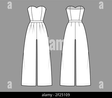 Combinaison sans bretelles combinaison technique de mode avec coupe longue, taille normale, taille haute, plis doubles. Vêtements plats à l'avant du dos, style blanc. Femmes, hommes unisex CAD maquette Illustration de Vecteur