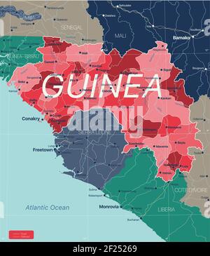 Guinée pays carte détaillée modifiable avec régions villes, routes et chemins de fer, sites géographiques. Fichier vectoriel EPS-10 Illustration de Vecteur