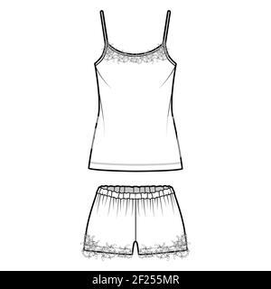 Caraco dentelle Pajama Short Sleepwear technique mode illustration avec décolleté rond Cami, longueur mini, surdimensionné. Vêtements plats vêtements habits avant, style blanc. Femmes, hommes unisex CAD maquette Illustration de Vecteur