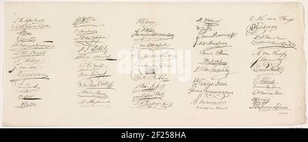 Feuille avec les signatures des membres de la séance, 1814; dessins nominaux des membres de la réunion de significatif, en faveur de la constitution de la Constitution pour les pays-Bas. Gravé sur les dessins originaux.feuille n° 5 de la série des neuf lames avec les signatures des membres de la Réunion d'importantes signatures en télécopie pour négocier la nouvelle Constitution, à Amsterdam le 29 mars 1814. Banque D'Images