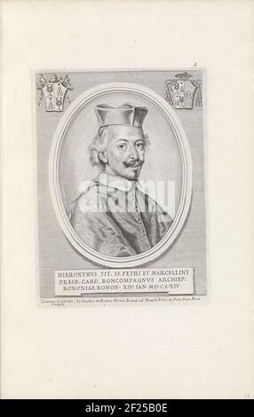 Portret van kardinaal Girolamo Boncompagni; effigies Nomina et Cognomina S.D.N. Alexandri Papae VII et RR. JJ. SRE. Cardd (...)..Portrait du Cardinal Girolamo Boncompagni. En haut à gauche les armoiries du Pape Alexandre VII et en haut à droite l'arme de Boncompagni. Au bas d'une légende en latin. L'impression fait partie d'un album. Banque D'Images