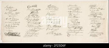 Feuille avec les signatures des membres de la séance, 1814; dessins nominaux des membres de la réunion de significatif, en faveur de la constitution de la Constitution pour les pays-Bas. Gravée sur les dessins originaux.feuille n° 2 de la série des neuf lames avec les signatures des membres de la réunion Réunion en télécopie pour négocier la nouvelle Constitution, à Amsterdam le 29 mars 1814. Banque D'Images