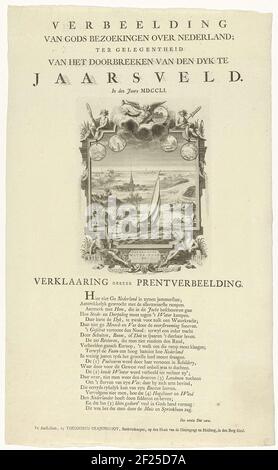 Le diamètre de la digue dans Jaarsveld, 1751. Un yacht navigue au-dessus de la terre inondée et au-delà des villages noyés pendant l'inondation après la rupture des digues. Dans un cadre allégorique avec la renommée et quatre dieux de rivière. Sur la lame sous la plaque l'explication de la performance dans la forme fraîche. Banque D'Images