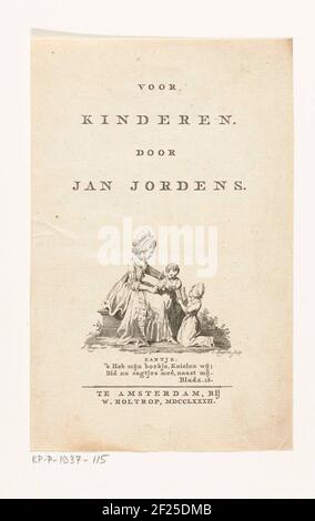 Page de titre pour: Jan Jordens, pour les enfants. Amsterdam, 1782.a fille lit sa mère et son frère à partir d'un livre. Banque D'Images