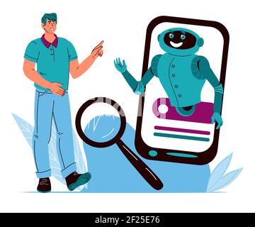 Homme qui contacte le service de chat en ligne pour obtenir une assistance technique ou client, une illustration vectorielle de dessin animé. Chatbot et robotique hotline application mobile conc Illustration de Vecteur