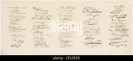 Feuille avec les signatures des membres de la séance, 1814; dessins nominaux des membres de la réunion de significatif, en faveur de la constitution de la Constitution pour les pays-Bas. Gravé sur les dessins originaux.feuille n° 4 de la série des neuf lames avec les signatures des membres de la réunion de la séance en télécopie, ensemble pour négocier la nouvelle Constitution, à Amsterdam le 29 mars 1814. Banque D'Images