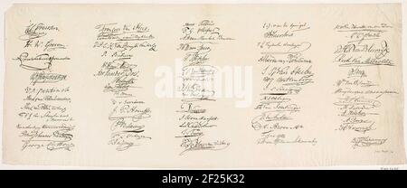 Feuille avec les signatures des membres de la séance, 1814; dessins nominaux des membres de la réunion de significatif, en faveur de la constitution de la Constitution pour les pays-Bas. Gravé sur les dessins originaux.feuille n° 7 de la série des neuf lames avec les signatures des membres de la réunion de la séance en télécopie pour négocier la nouvelle Constitution, à Amsterdam le 29 mars 1814. Banque D'Images