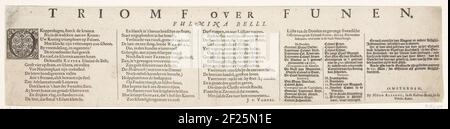 Feuille de texte imprimée de la défaite de la Suède sur Funen, le 26 novembre 1659; parfaite représentant Veldtslagh sur Funen, à travers la flotte danoise et alliée Volckeren et Holandtsche Scheeeeeps; avec le nom de la ville de Nieuburgh sur Genae et Ongenae den le 26 novembre 1659; Triomphe sur funen.tekstblad à l'impression de la ville de Nyborg par Michiel de Ruyter et le battement de l'armée suédoise par les Danois, 25-26 novembre 1659. Poème en 3 colonnes suivi d'une liste d'officiers suédois morts et emprisonnés . Banque D'Images