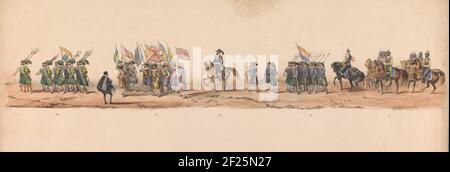 Procession historique au deuxième centenaire de l'Université des sciences appliquées d'Utrecht, 1836 (planche 9); Optogtes les armées néerlandaises à Ostende, le 3 juillet 1600, tous les jours après la victoire DE Nieuwpoort; Selon le spectacle couché, donné par les étudiants H, par le centre du deuxième centenaire de l'Utrechtsche Hoogeschool. Den 16 juin 1836.procession costumée historique des étudiants du Hogeschool van Utrecht le 16 juin 1836, à la célébration du deuxième centenaire de l'Université des sciences appliquées d'Utrecht. Le cortège représente l'arrivée de l'armée d'Etat à Ostende le 3 juillet, Banque D'Images