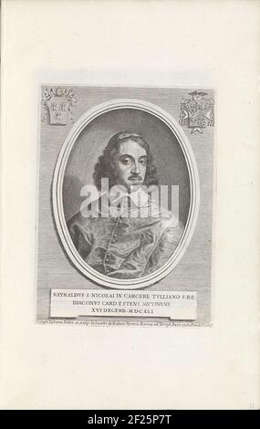 Portret van kardinaal Rinaldo d'Este; effigies Nomina et Cognomina S.D.N. Alexandri Papae VII et RR. JJ. SRE. Cardd (...)..Portrait du Cardinal Rinaldo d'Este. En haut à gauche les armoiries du Pape Urbanus VIII et en haut à droite l'arme d'Este. Au bas d'une légende en latin. L'impression fait partie d'un album. Banque D'Images