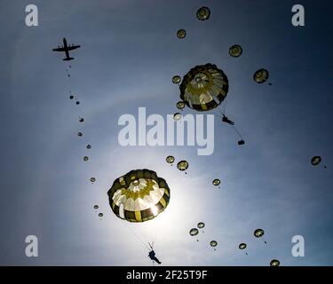 Gotemba, Japon. 09e mars 2021. Soldats de la Force d'autodéfense au sol du Japon affectés au parachute de la 1re Brigade aéroportée d'un avion Super Hercules C-130J de la Force aérienne des États-Unis pendant l'exercice Airborne 21 au Camp Fuji le 9 mars 2021 près de Gotemba, au Japon. L'exercice Airborne 21 est la plus importante opération aérienne américaine-japonaise de l'histoire. Credit: Planetpix/Alamy Live News Banque D'Images