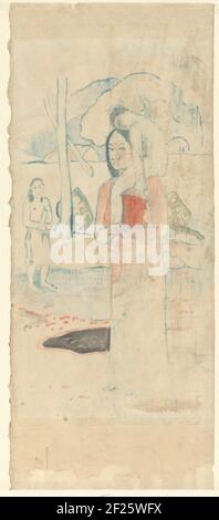 Maria met kind en vrouw met gevouwen handen; IK groet U, Maria; IA Ora Maria.Maria comme femme noire se tient avec un grand enfant sur son épaule dans un paysage sur tahiti. En arrière-plan une femme se tient avec les mains pliées. Avec cette impression unique, l'artiste a appliqué la technique du monotype dans laquelle il a indiqué les contours de l'exposition dans une plaque de verre ou de métal en brosse avec aquarelle bleue et couleur quelques surfaces avec le rouge clair et le vert clair. Avant le séchage de la peinture, il fait une impression et peut-être aussi il a apporté quelques accents de couleur avec la brosse sur l'impression. Cela ressemble au rouge sur le dre Banque D'Images