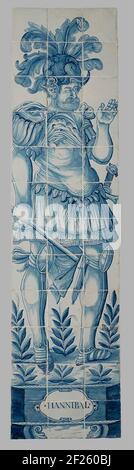 Tegeltion de 36 tuiles avec soldat romain pour les pieds. Inscription : tuile hannibal.Tile ou 36 tuiles (12 x 3) avec un nouveau soldat avec casque, pour les pieds. Au fond, dans une cartouche l'inscription: Hannibal. Banque D'Images