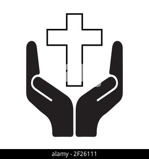 Manipuler avec soin symbole tenant une croix chrétienne entourée, symbole de nourrir sa religion ou croyance, illustration vectorielle minimaliste Illustration de Vecteur